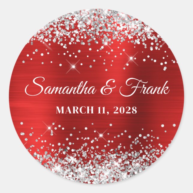Silberne Glitzer Red Foil Wedding Runder Aufkleber (Vorderseite)