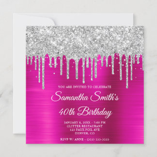 Silberne Glitzer Tropfen Hot Pink Foil 40. Geburts Einladung