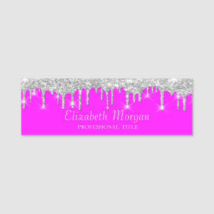Silberne Glitzer Tropfen, rosa LeuchtstoffNeon Namensschild