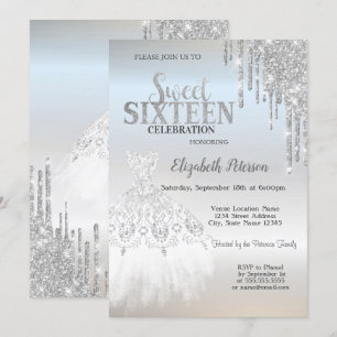 Silberne Glitzer Tropfen, weißes Kleid Silbersüß 1 Einladung