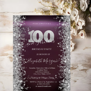 Silberne Glitzerdiamanten Burgund 100. Geburtstag  Einladung