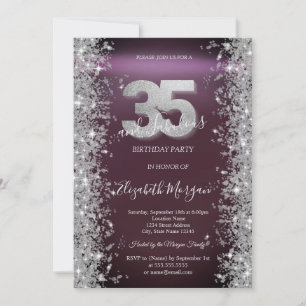 Silberne Glitzerdiamanten Burgunder 35. Geburtstag Einladung