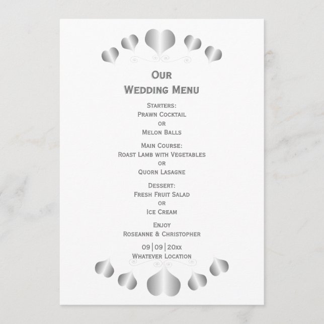 Silberne Herzen Design-Hochzeit Menükarte (Vorderseite)