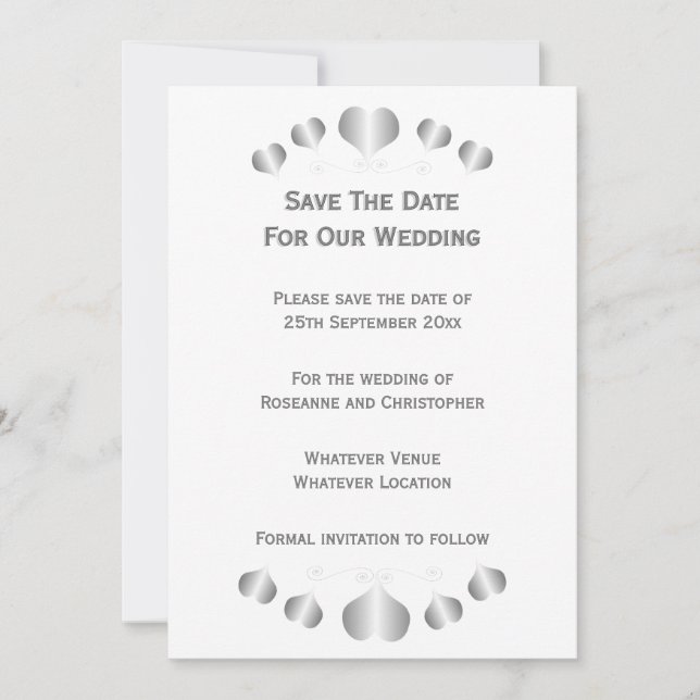 Silberne Herzen Design-Hochzeit Save The Date (Vorderseite)