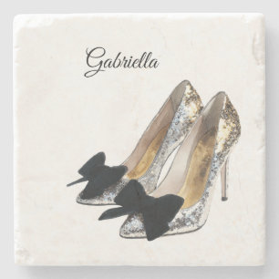 Silberne High Heels mit schwarzer Schleife Steinuntersetzer