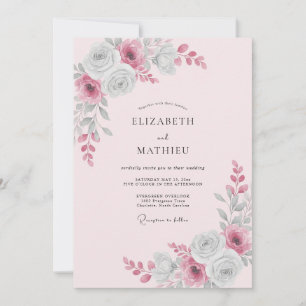 Silberne Himbeer-Blüten-Hochzeit Einladung