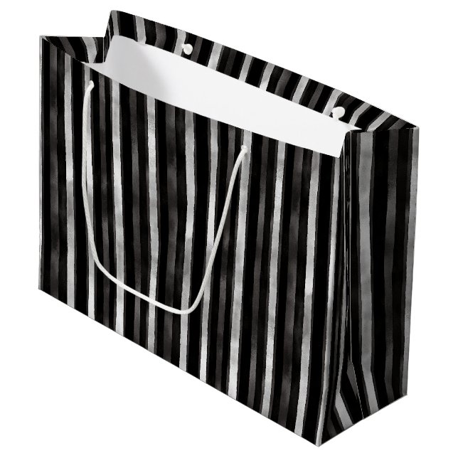 Silberne Hochzeit mit schwarzen Streifen Große Geschenktüte (Vorderseite Schrägansicht)
