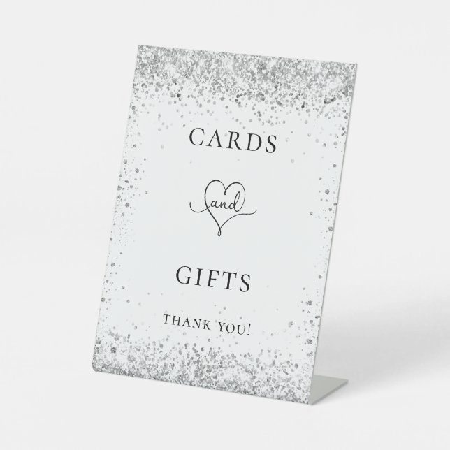 Silberne Hochzeitsgartentexte auf weißem Glitzer Sockelschild (Vorderseite)