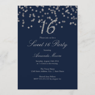 Silberne Konfetti Navy Sweet Sixteen Einladung