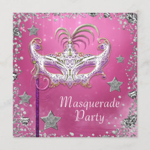 Silberne Konfetti Rosa Schwarze Maskenparty Einladung
