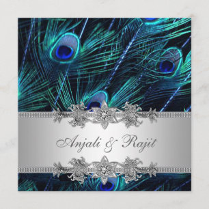 Silberne königliche Blaue Pfauen-Hochzeit Einladung