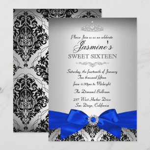 Silberne & königsblaue Damast Sweet 16 Einladung