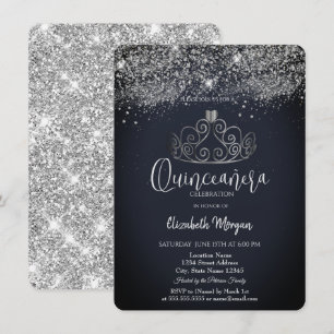 Silberne Kronenkonfetti Dunkelblaue Quinceañera Einladung