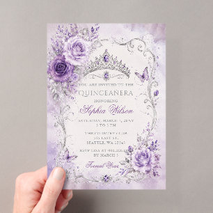 Silberne Lila Florale Schmetterlings-Quinceañera Acryleinladungen