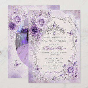 Silberne Lila Florale Schmetterlings-Quinceañera-F Einladung