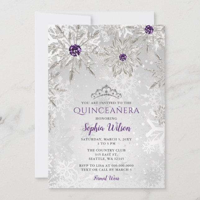 Silberne Lila Schneeflocken Tiara Quinceañera Einladung (Vorderseite)