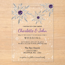 Silberne Lila Schneeflocken Winterhochzeit Acryleinladungen