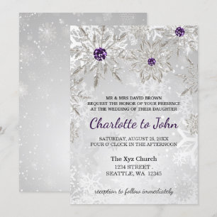 Silberne lila Schneeflocken Winterhochzeit Einladung