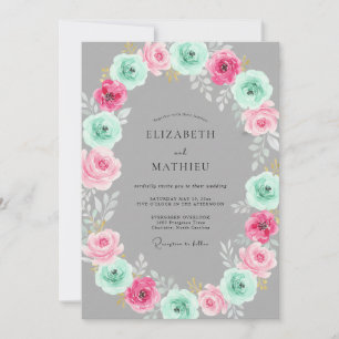 Silberne Minz-Rosa-Wasserfarben-Hochzeit mit Blume Einladung