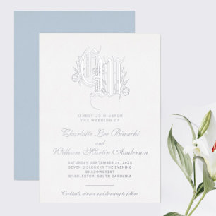 Silberne Monogramm-Hochzeit Eisblau Folieneinladung