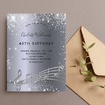 Silberne Musiknoten Metall Glitzer 40. Geburtstag Einladungspostkarte<br><div class="desc">Eine trendige, moderne Party Einladung aus dem 40. Jahrhundert. Ein dunkles Imitat silberfarbener Hintergrund mit Musiknoten, schwarzen Buchstaben. Dekoriert mit Imitaten Glitzer Staub. Personalisieren und fügen Sie Namen und Party-Informationen hinzu. Zurück: Postkartendesign. Tipp: Wenn Sie es nicht so gewollt haben, dass es wie eine Postkarte aussieht, klicken Sie auf Anpassen,...</div>
