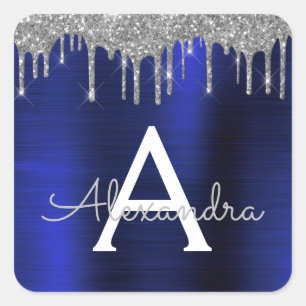 Silberne Navy Blau Glitter Funkeln Monogramm Name Quadratischer Aufkleber
