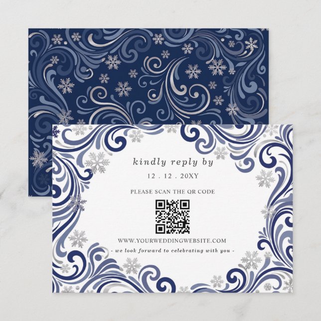 Silberne Navy-Schneeflocken Winterhochzeit QR-Code RSVP Karte (Vorne/Hinten)