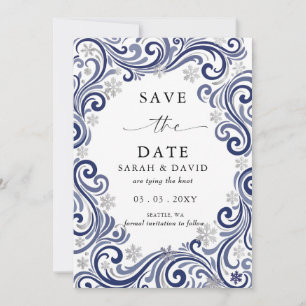 Silberne Navy-Schneeflocken Winterhochzeitsfoto Save The Date