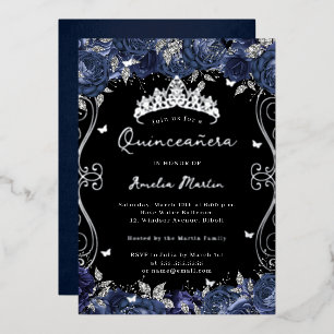 Silberne Navy-Wirbel-Schriftrolle Quinceanera Folieneinladung