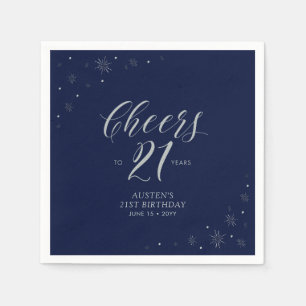 Silberne & Navyblaue Cheers 21. Geburtstagsfeier Serviette