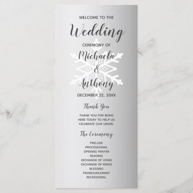 Silberne Ombre-Schneeflocken-Winterhochzeit Programm (Vorderseite)