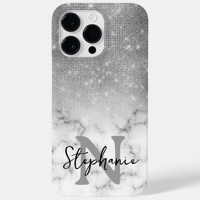 Silberne Pailletten-Diamanten-Marmor-Ombre-Monogra Case-Mate iPhone Hülle (Rückseite)