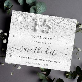 Silberne Quinceanera-Glitzer-Save the Date-Karte