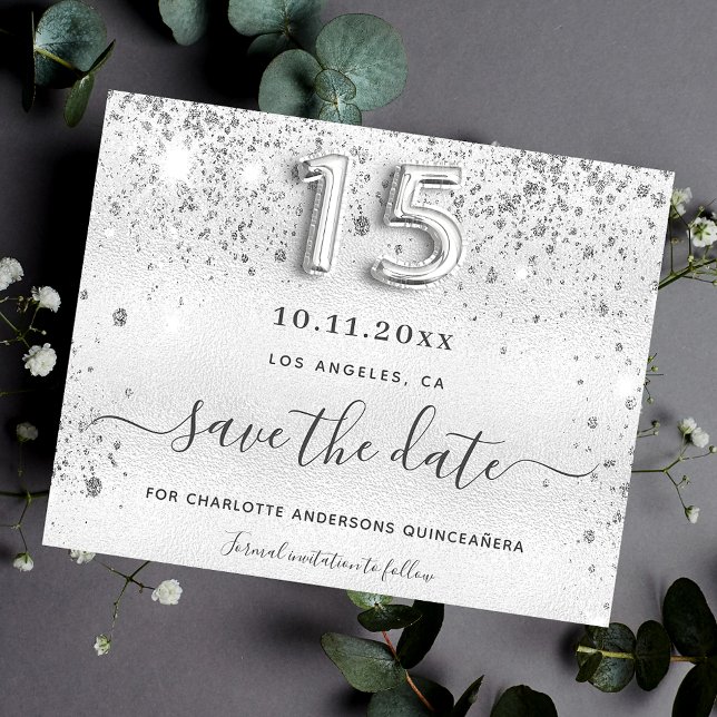 Silberne Quinceanera-Glitzer-Save the Date-Karte (Von Creator hochgeladen)