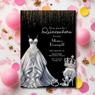 Silberne Quinceañera Königliche Prinzessin Schwarz Einladung