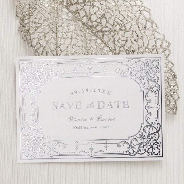 Silberne romantische verzierte Hochzeit Folieneinladung (Silver elegant romantic ornate vintage wedding foil invitation)