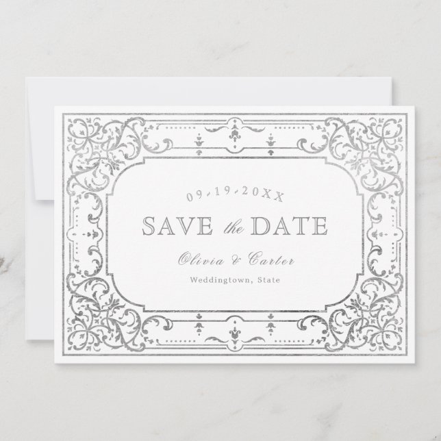 Silberne romantische verzierte Hochzeit Save The Date (Vorderseite)