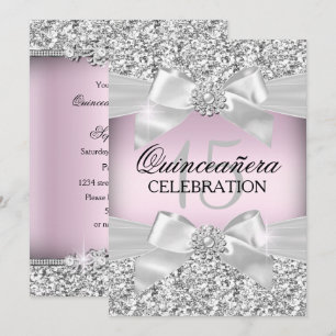 Silberne rosa Glitter- und Juwelen-Bogen-Quinceane Einladung