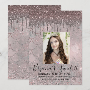 Silberne Rosa Roségold Glitter-Drip Sweet 16 Foto Einladung