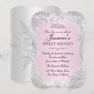Silberne rosa Winter-Schneeflocke Sweet 16 Einladu Einladung