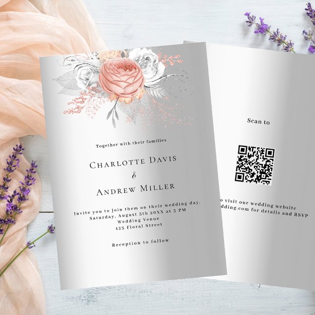 Silberne Rose Gold florale QR Code UAWG Hochzeit Einladung (Von Creator hochgeladen)