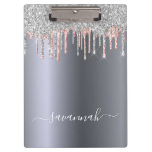 Silberne Rose Gold Glitter Tropfen Name Schrift Klemmbrett