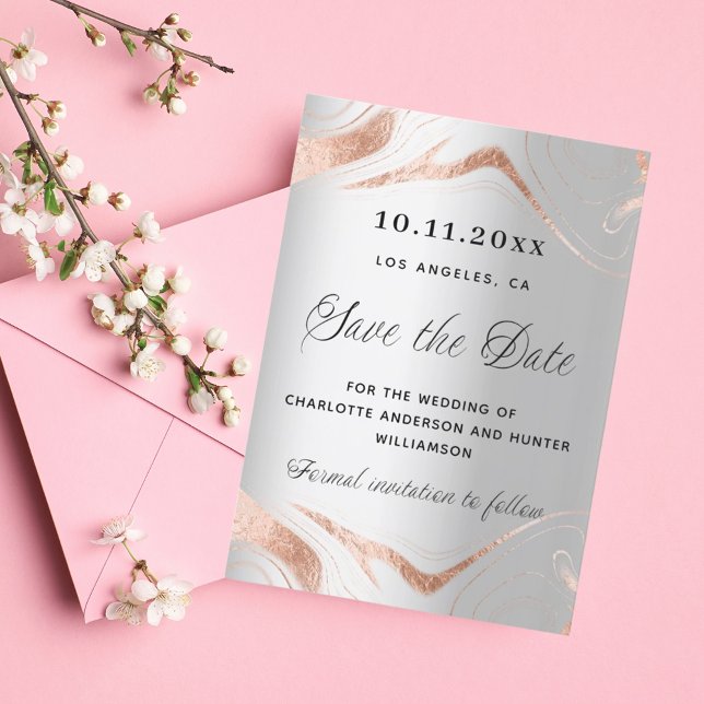 Silberne Rose Goldmarmor Moderne Hochzeit Save The Date (Von Creator hochgeladen)