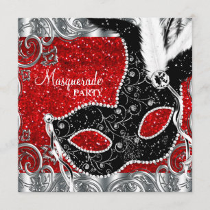 Silberne Rot und schwarze Masken-Maskenball-Party Einladung