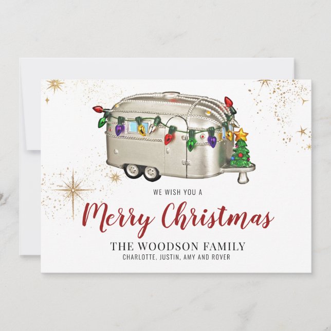 Silberne rote Retro-Vintage-Camper-Weihnachtskarte (Vorderseite)