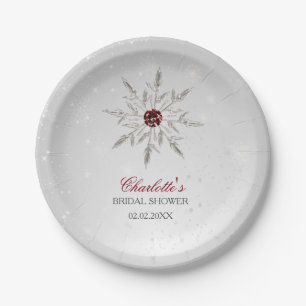 Silberne rote Schneeflocken Winter Brautparty Pappteller