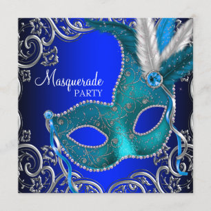 Silberne Royal und Türkisblaue Maskenparty Einladung