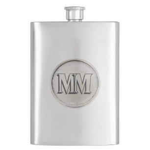 Silberne Runde mit Monogramm - Premium-Flasche Flachmann