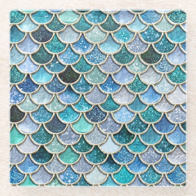 Silberne Schein-Glitzer-Meerjungfrau-Skalen Glasuntersetzer (Vorderseite)