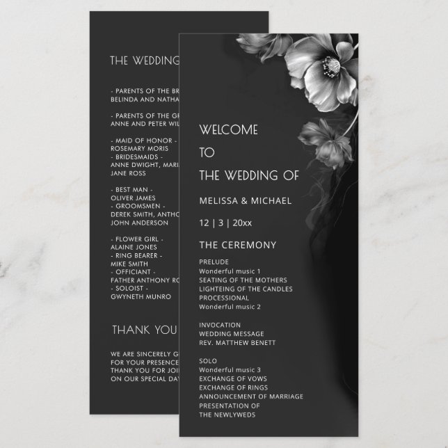 Silberne schwarze Blumenhochzeit Programm (Vorne/Hinten)